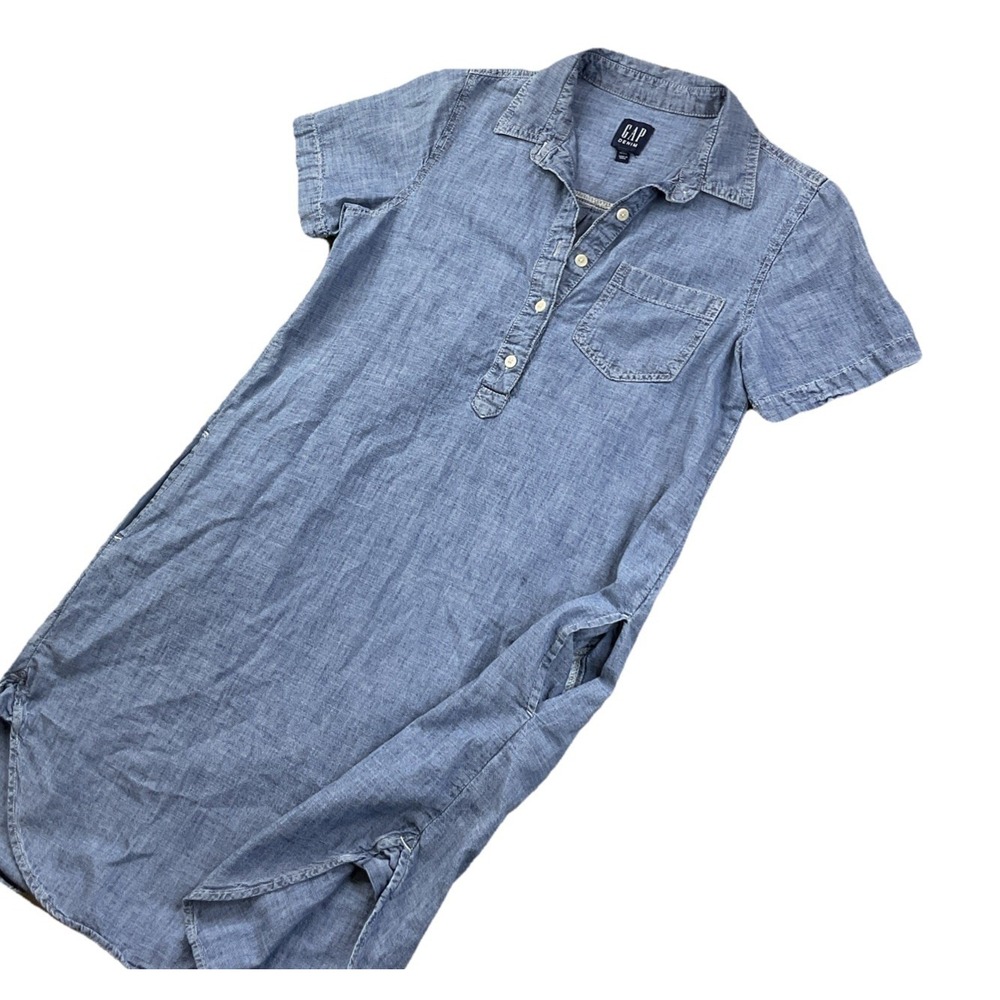 Gap Denim Popover Dress Womens Petite XS Chambray Collared Pockets Casual - Picture 1 of 7